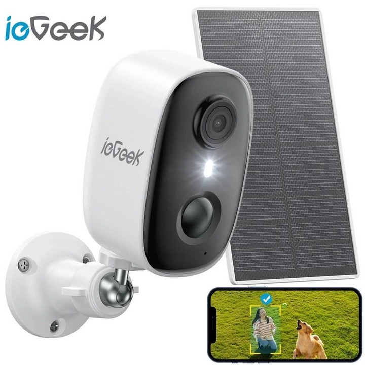Camera de supraveghere exterior ieGeek cu Panou Solar, 2K 3MP, HD, Baterie Reincarcabila, Nightvision Color, Comunicare Bidirectionala, Senzor/Alarma miscare, Stocare card/cloud, Rezistenta la apa IP65, Alb