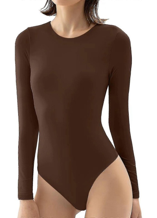 Body dama, maneca lunga, decolteu rotund, mulat, maro, 90% poliester, 10% spandex