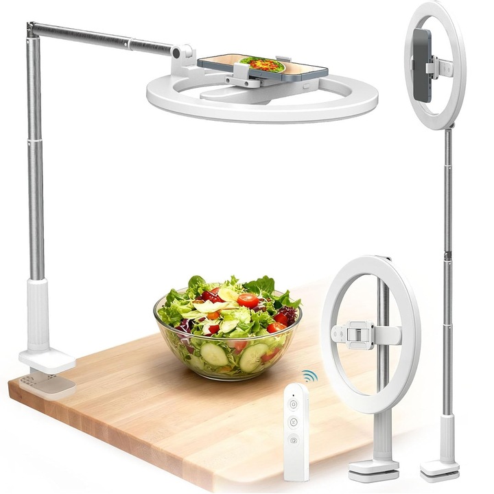 Inel de iluminare 10 inch FooFoony, 5 niveluri de luminozitate, alb, suport telefon inclus