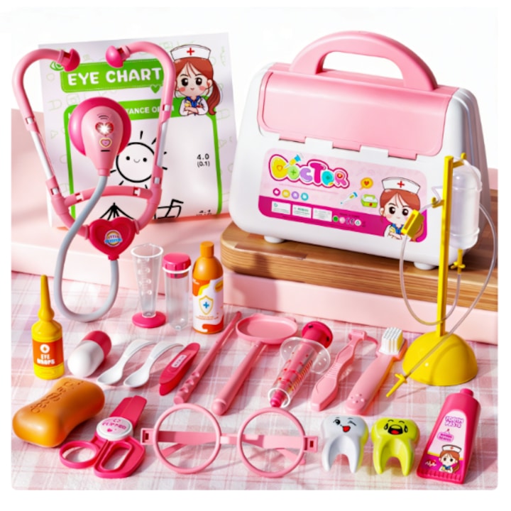 Set joaca doctor 23 piese, instrumente medicale, stetoscop, seringa, jucarie educativa pentru copii