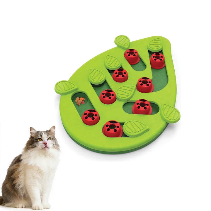 Puzzle Interactiv FooFoony pentru Pisici, 16 Compartimente Ascunse pentru Alimente, Antrenament Cognitiv, Reducere Anxietate, Stimulare Instinct Vanatoare, Ideal pentru Jocuri de Interactiune si Hranire Lenta, Verde