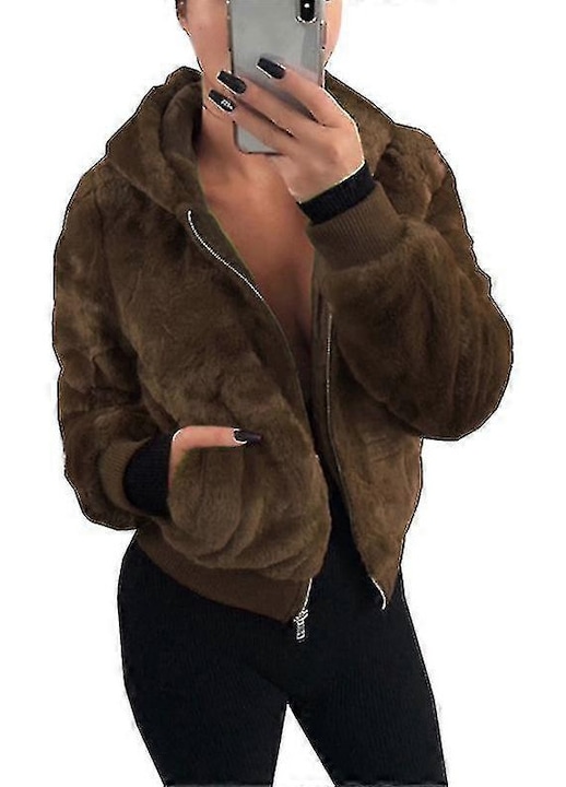 Jacheta dama, gluga, pufos, maro, poliester