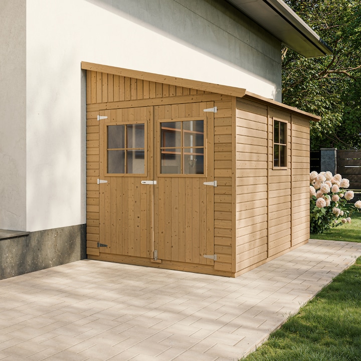 Sopron de gradina din lemn - Sopron din lemn cu invelis tip Shiplap 7x10 ft/6m2 - Soproane si depozitare in aer liber - scanduri de 17 mm - Sopron pentru biciclete, spatiu de atelier in aer liber - TIMBELA M339 (fara perete lateral)