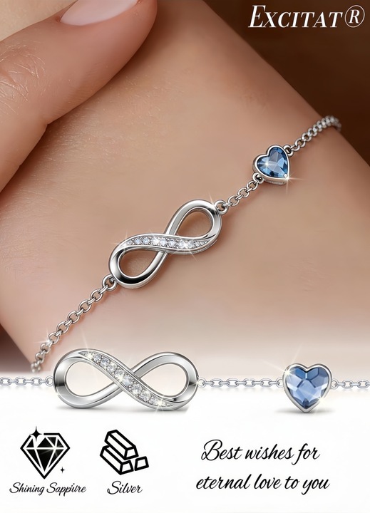Bratara argint femei Excitat®, lungime reglabila cristal albastru natural bratara infinit love, cutii cadou rafinate, Carpa pentru lustruit, Argintiu/albastru