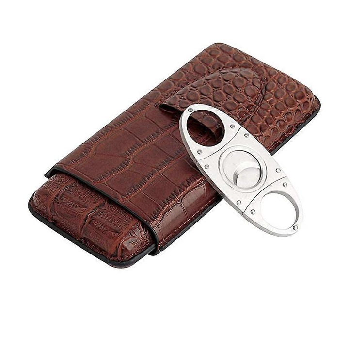 Cutie de lux pentru 3 trabucuri , cu model crocodil, cu taietor de tigari din inox, maro