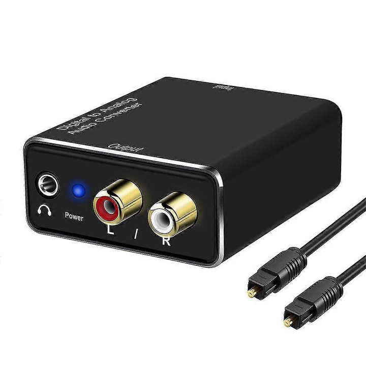 Convertor audio digital la analog, 3.5mm, RCA, negru, set cu cablu optic si cablu de alimentare USB