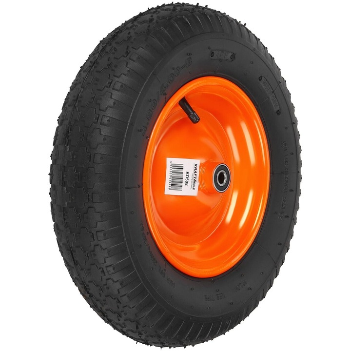 Roata de roaba Kraft, 16", anvelopa solida 4.80/4.00-8, rulment cu bile, janta otel, ax inclus