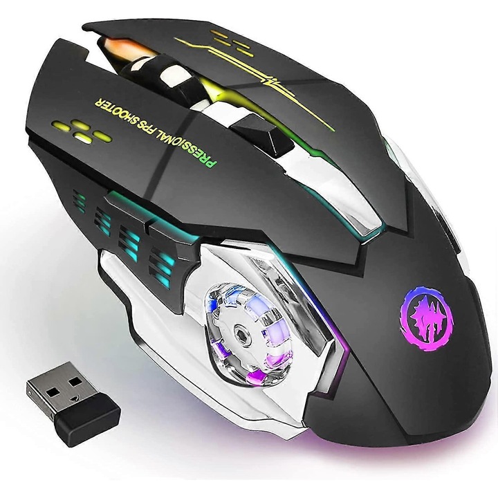 Mouse wireless gaming, 7 culori RGB, 6 butoane, incarcabil, 2.4G, pentru laptop