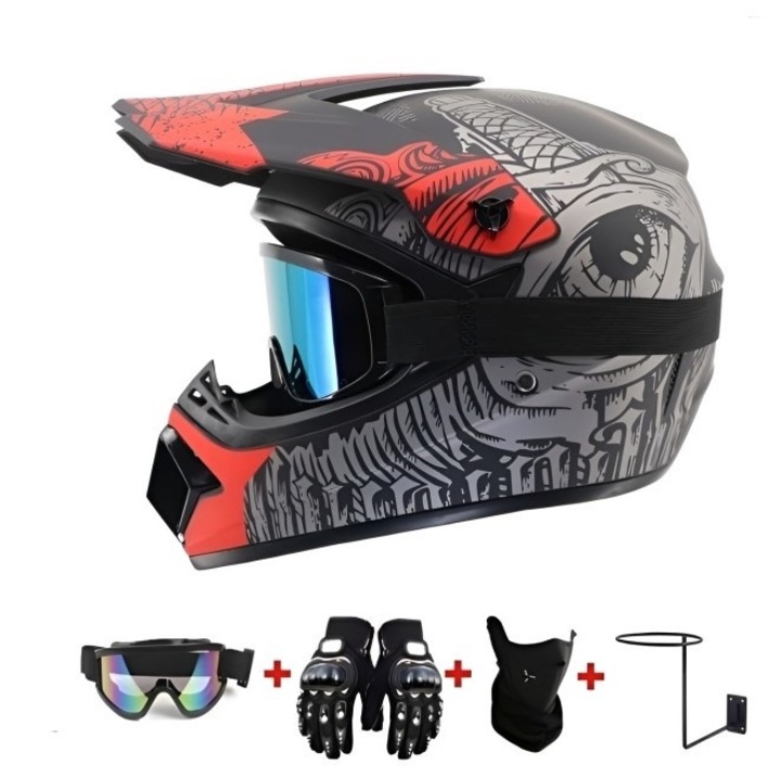 Комплект Casca Cross Eye Fury, с Ръкавици, Очила, Балаклава и Стойка за Стена за Мотоциклети, Мръсни Мотори, Ендуро, ATV, Размер S - Flytec