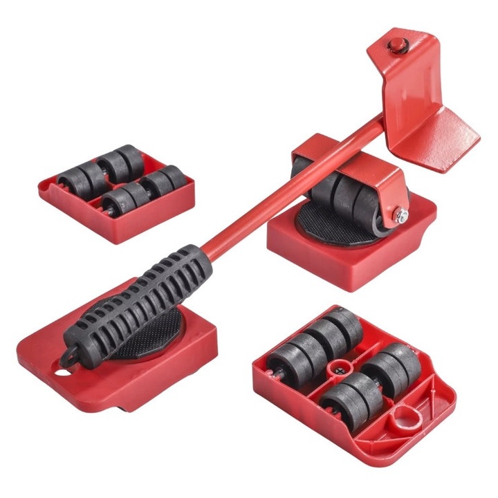 Set 5 piese transportat si ridicat mobila, cu role pentru ridicat si mutat obiecte grele, maxim 200 kg - Rosu