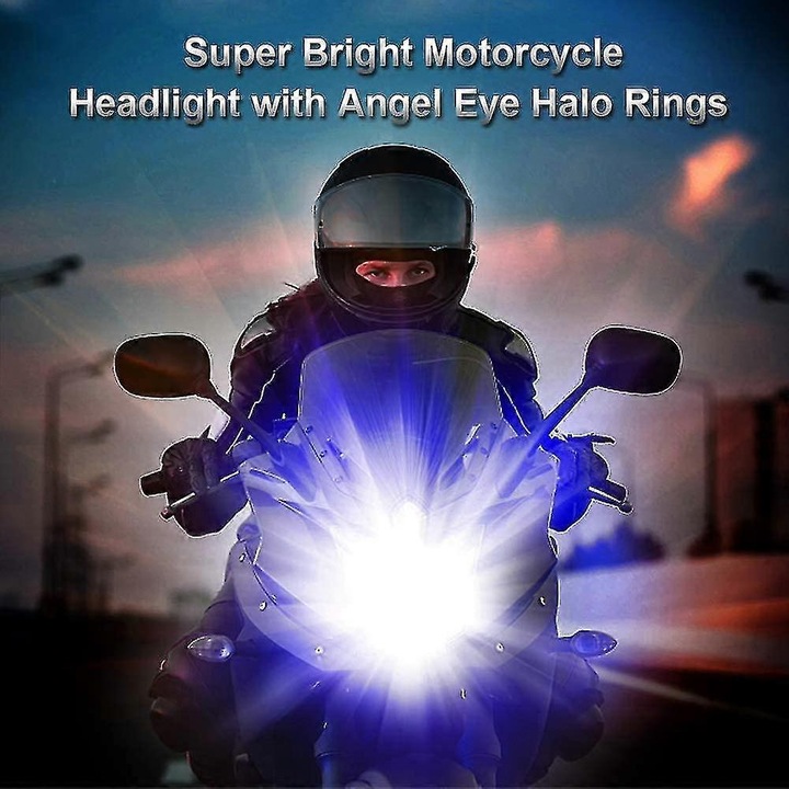 Bec LED motocicleta H4, 2600LM, 12V, cu halo albastru