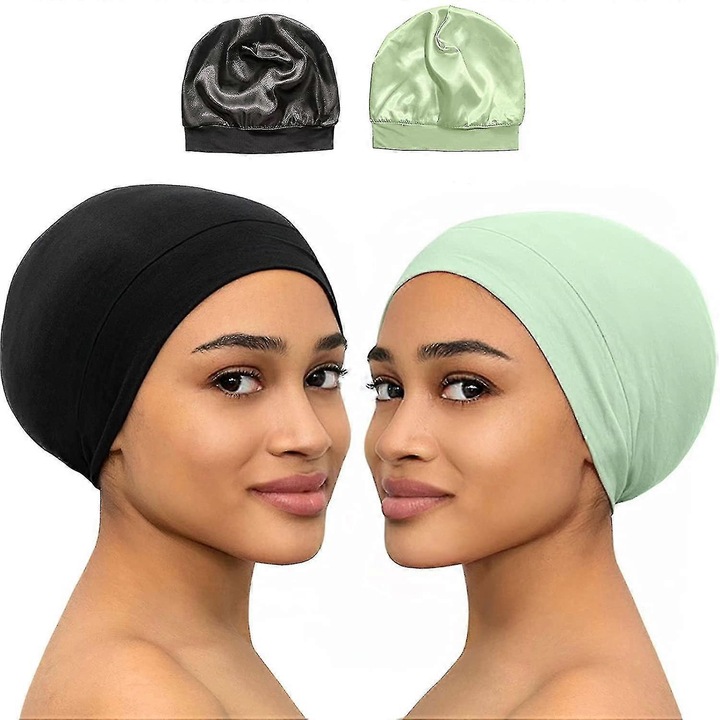Caciula de somn din satin, Set 2 bucati, neagra si verde, ajustabil, protejeaza parul, reduce frizz-ul