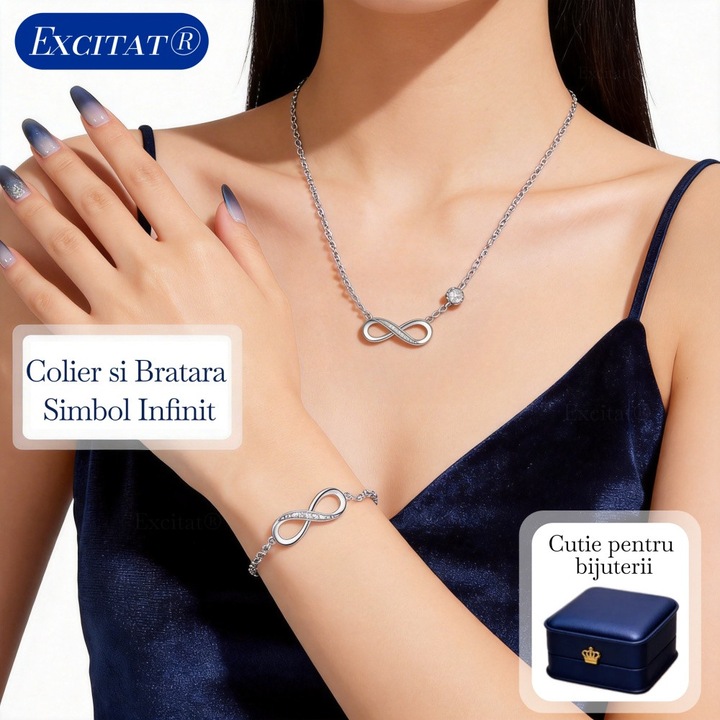 Colier si Bratara Simbol Infinit din Argint 925 cu cristal, Excitat®, Set Bijuterii Elegant pentru Femei, Cadou Perfect pentru Ocazii Speciale, Argintiu