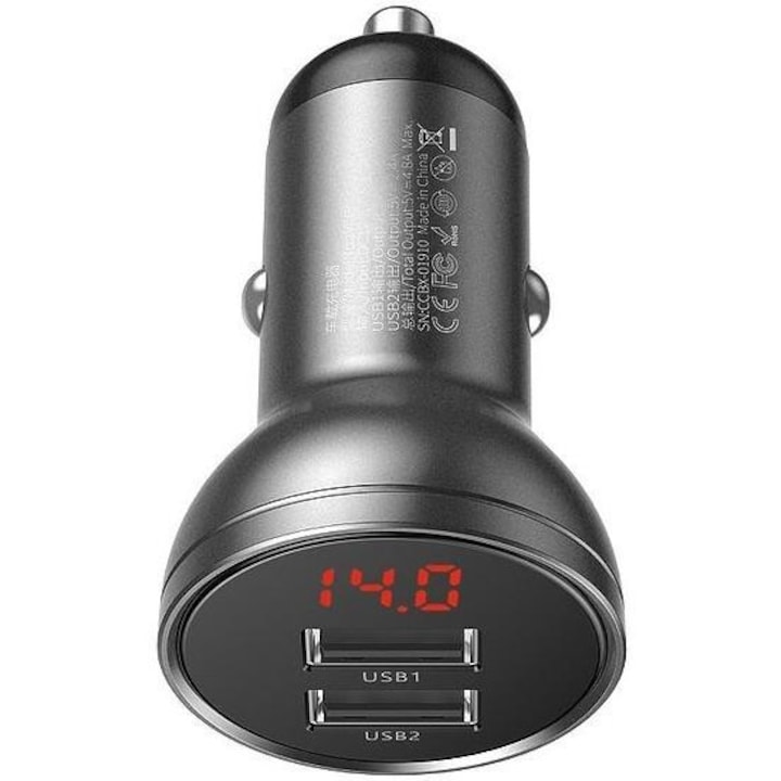 Incarcator auto Baseus cu afisaj digital, Dual USB, 4.8A, cablu 2 m, TZCCBX-0G