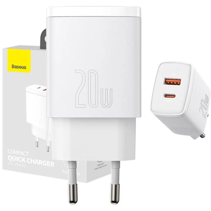 Incarcator retea Baseus Compact, USB-C + USB-A, 20W, UE, Alb