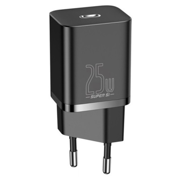 Incarcator retea Baseus Super Si, USB-C, 25W, UE, Negru – CCSP020101