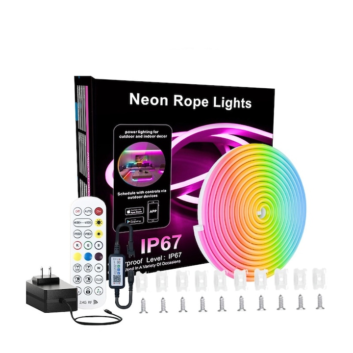 Banda luminoasa neon LED, RGB, 10 metri, TO515-SPI, lumini colorate, flexibila, poate fi sincronizata cu muzica, IP67, Bluetooth, control prin aplicatie mobila, functii multiple, telecomanda, portabila