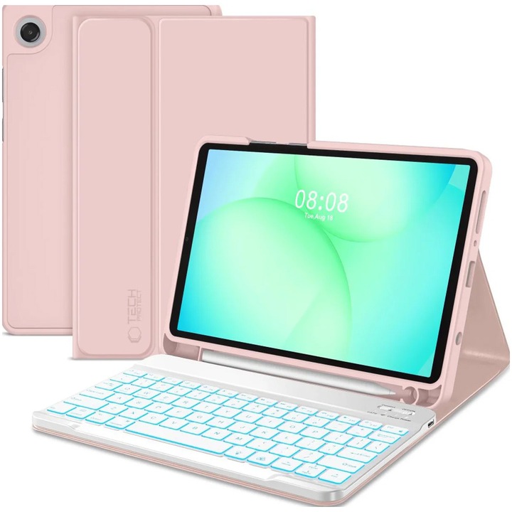 Защитен калъф за таблет Tech-Protect SC Pen + клавиатура за Galaxy Tab A9 / A11 8.7 X110 / X115 / X133 / X135, Розов