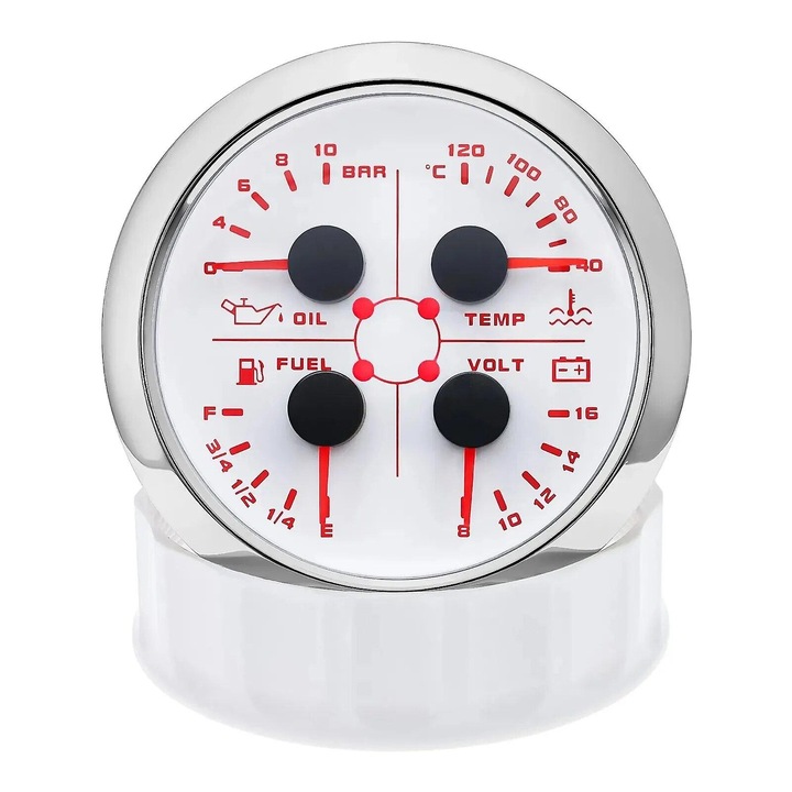 Manometru multifunctional 4 in 1, 85mm, cu alarma, masurare presiune combustibil, temperatura ulei, voltmetru, plastic, 50x85x85mm