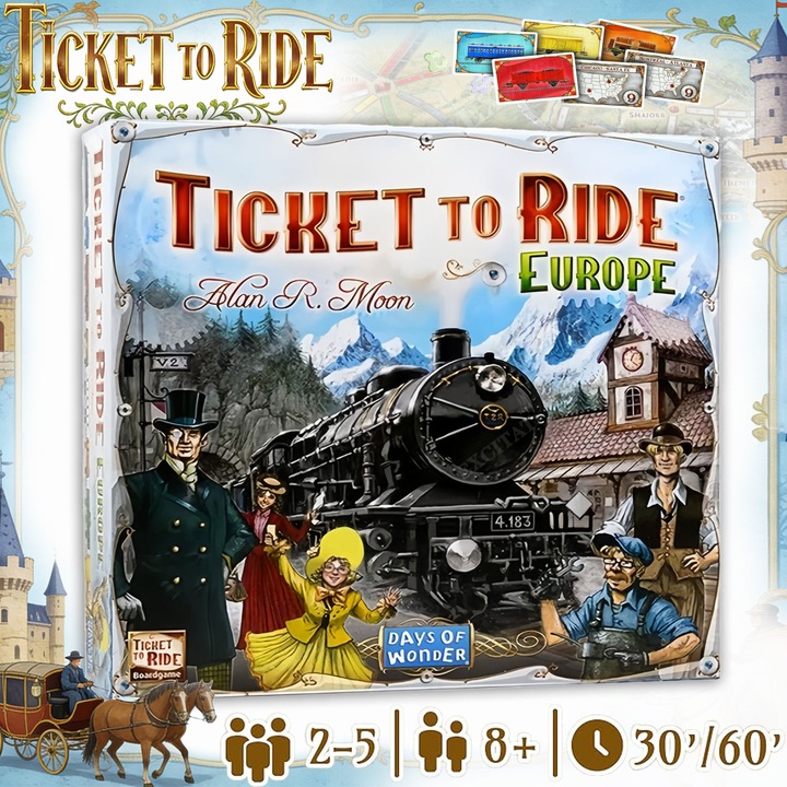 Joc de societate - Ticket to Ride Europe, Excitat®, aventura cu trenul, 2-5 jucatori, Joc de strategie pentru familie, 30x30x7.5cm, Multicolor