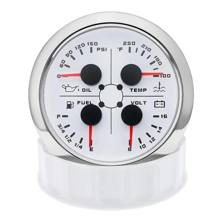 Manometru multifunctional 4 in 1, 85mm, cu alarma, masurare presiune combustibil, temperatura ulei, voltmetru, plastic, 50x85x85mm