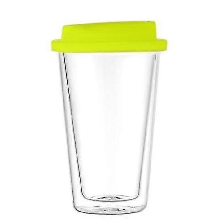 Cana din sticla 350ml cu capac din silicon, dublu strat, rezistenta la caldura, pentru bauturi calde sau reci, verde