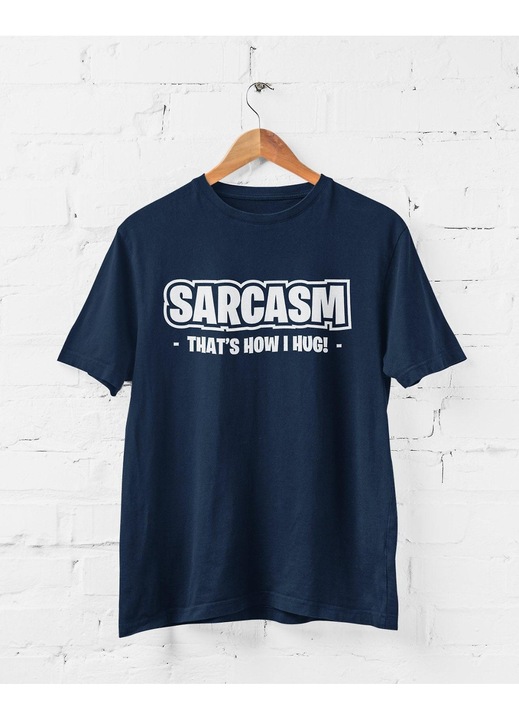 Unisex póló, szarkasztikus mintával, gyűrűsfonású pamut, sötétkék, mosógépben mosható