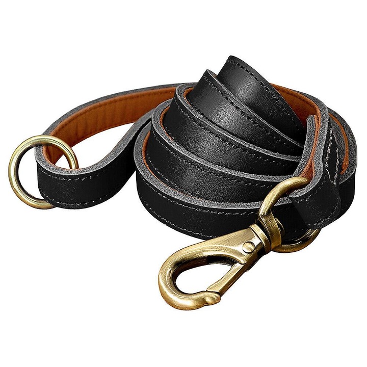 Lesa pentru caini din piele naturala, 150cm, negru, pentru caini mici si mari