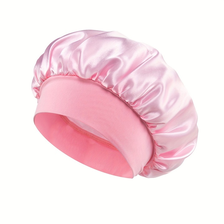 Boneta de noapte din satin OioTuyi, Reduce efectul de frizz, Pentru par ondulat si cret, Fixare cu banda elastica, Roz