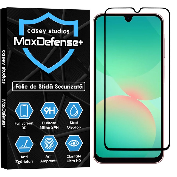 CASEY STUDIOS üvegfólia Samsung Galaxy A26-hoz, Teljes ragasztás, Edzett üveg, Katonai keménység, Ultra HD, Professzionális 3D képernyővédelem, Karcálló, Ütésálló, Fekete élek