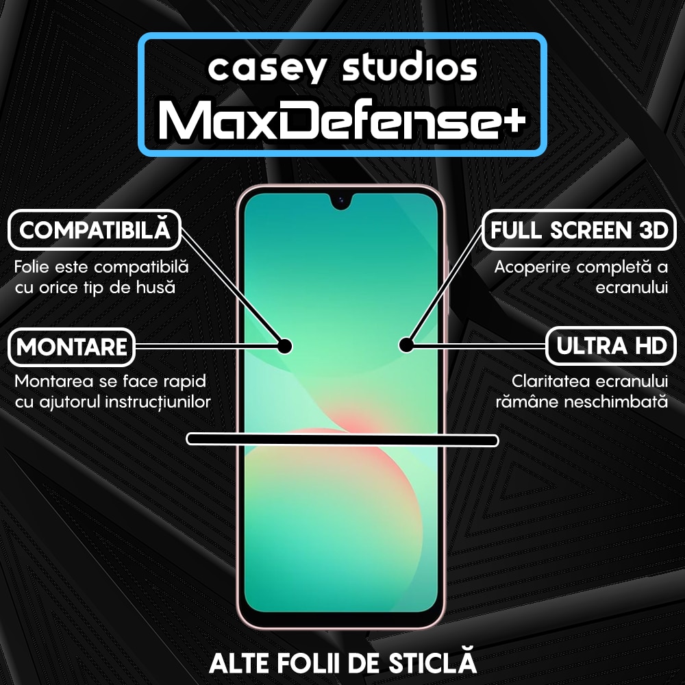 Folie Sticla CASEY STUDIOS pentru Samsung Galaxy A26, Full Glue, Sticla Securizata, Duritate Militara, Ultra HD, Protectie Profesionala Ecran 3D, Anti Zgarieturi, Anti Socuri, Margini negre
