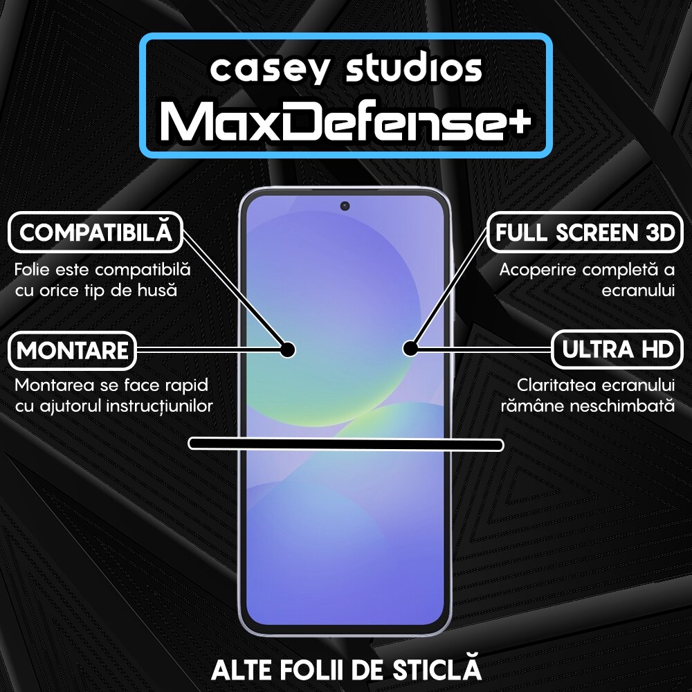 Folie Sticla CASEY STUDIOS pentru Samsung Galaxy A36, Full Glue, Sticla Securizata, Duritate Militara, Ultra HD, Protectie Profesionala Ecran 3D, Anti Zgarieturi, Anti Socuri, Margini negre