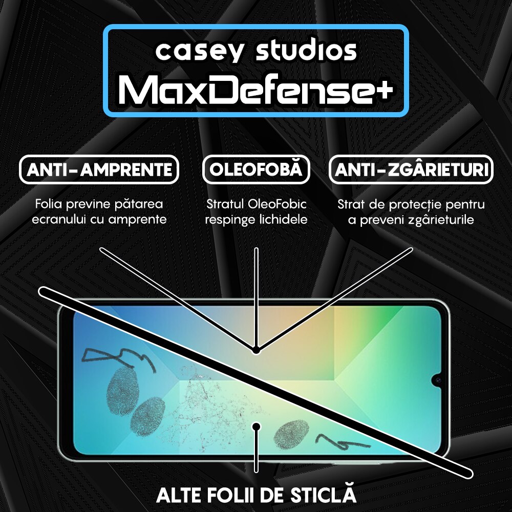 Folie Sticla CASEY STUDIOS pentru Samsung Galaxy A06 5G, Full Glue, Sticla Securizata, Duritate Militara, Ultra HD, Protectie Profesionala Ecran 3D, Anti Zgarieturi, Anti Socuri, Margini negre