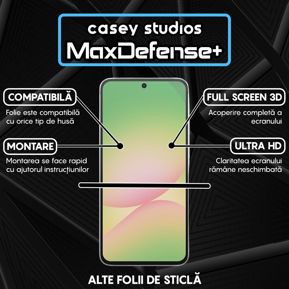 Folie Sticla CASEY STUDIOS pentru Samsung Galaxy A56, Full Glue, Sticla Securizata, Duritate Militara, Ultra HD, Protectie Profesionala Ecran 3D, Anti Zgarieturi, Anti Socuri, Margini negre