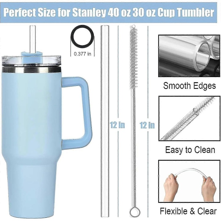 Комплект от 6 пластмасови прозрачни сламки за многократна употреба за чаша 40oz/30oz, с четка за почистване, екологични, леки