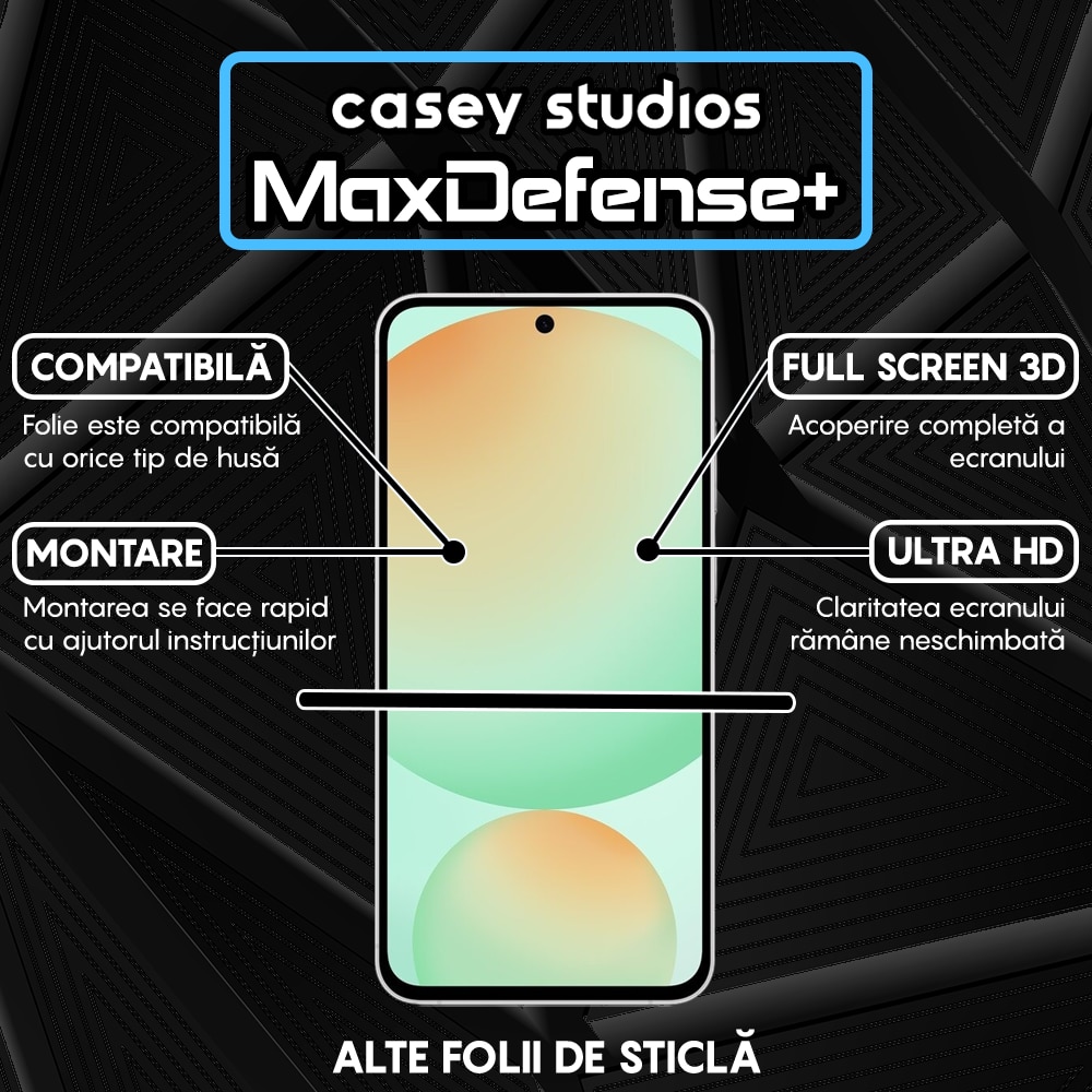 Folie Sticla CASEY STUDIOS™ compatibila cu Samsung Galaxy S24 FE, Full Cover 3D, Full Glue, Sticla Securizata, Anti Zgarieturi, Anti Socuri, Duritate Militara, Ultra HD, Protectie Profesionala Ecran 3D