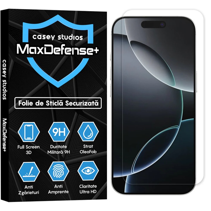 CASEY STUDIOS™ üvegfólia Apple iPhone 16 Pro készülékhez, MaxDefense+ Classic, edzett üveg, katonai keménység, professzionális 2D képernyővédelem, karcálló, ütésálló