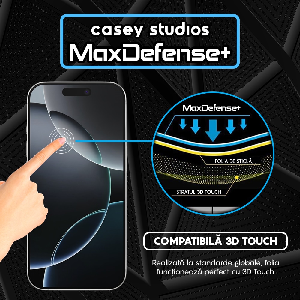 Folie Sticla CASEY STUDIOS™ compatibila cu iPhone 16 Pro, MaxDefense+ Matte, Full Cover 3D, Full Glue, Sticla Securizata, Duritate Militara, Ultra HD, Protectie Profesionala Ecran 3D, Anti Socuri, Anti Zgarieturi
