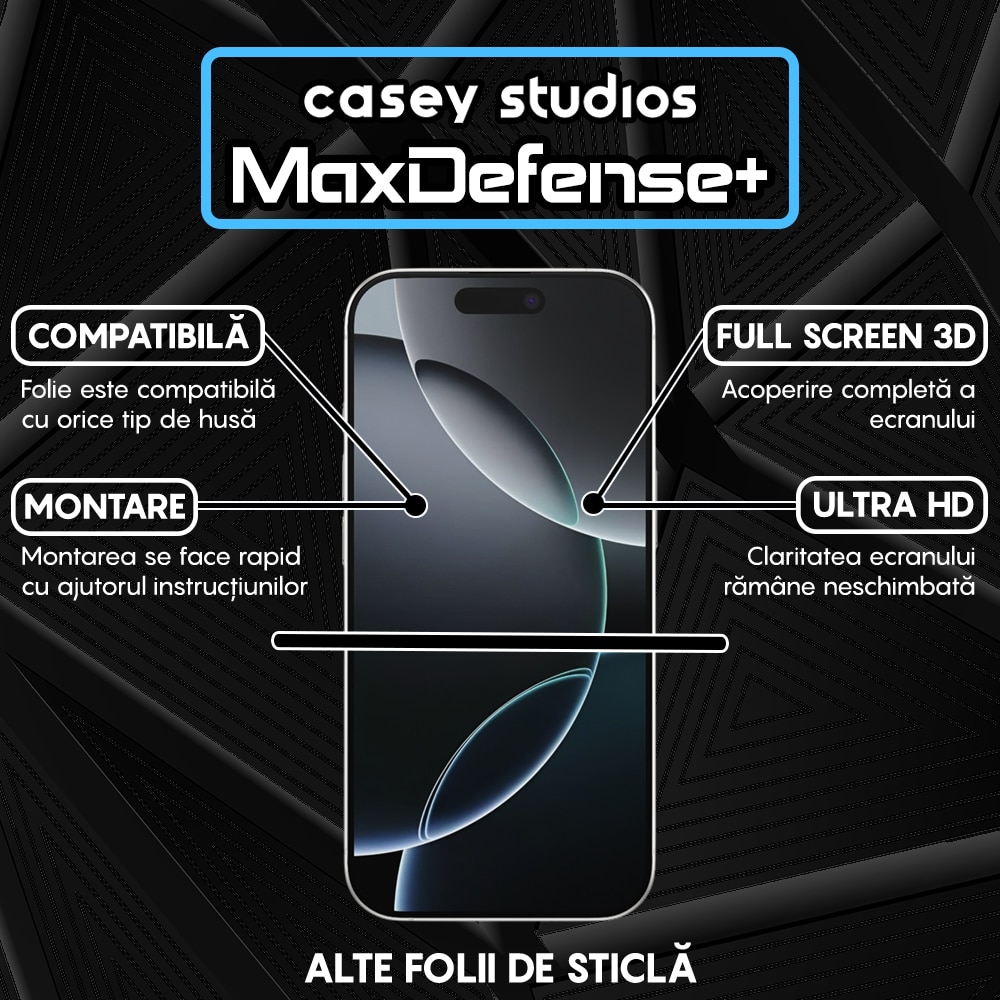 Folie Sticla CASEY STUDIOS™ compatibila cu iPhone 16 Pro, MaxDefense+ Matte, Full Cover 3D, Full Glue, Sticla Securizata, Duritate Militara, Ultra HD, Protectie Profesionala Ecran 3D, Anti Socuri, Anti Zgarieturi