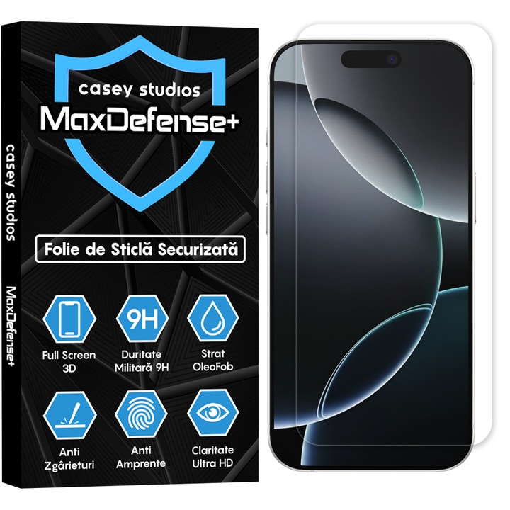 Folie Sticla CASEY STUDIOS™ pentru Apple iPhone 16 Pro, MaxDefense+ Classic, Sticla Securizata, Duritate Militara, Protectie Profesionala Ecran 2D, Anti Zgarieturi, Anti Socuri