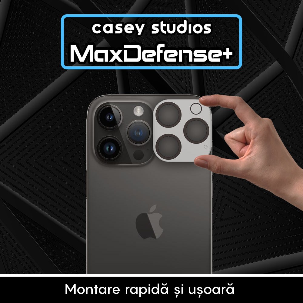 Set 2x Folie Sticla Camera pentru Apple iPhone 16 Pro Max / 16 Pro, CASEY STUDIOS™ MaxDefense+, Protectie Securizata, Duritate 9H, Full Cover, Anti Zgarieturi, Ultra HD, Protectie Profesionala Camere 3D, Anti Zgarieturi, Anti Socuri