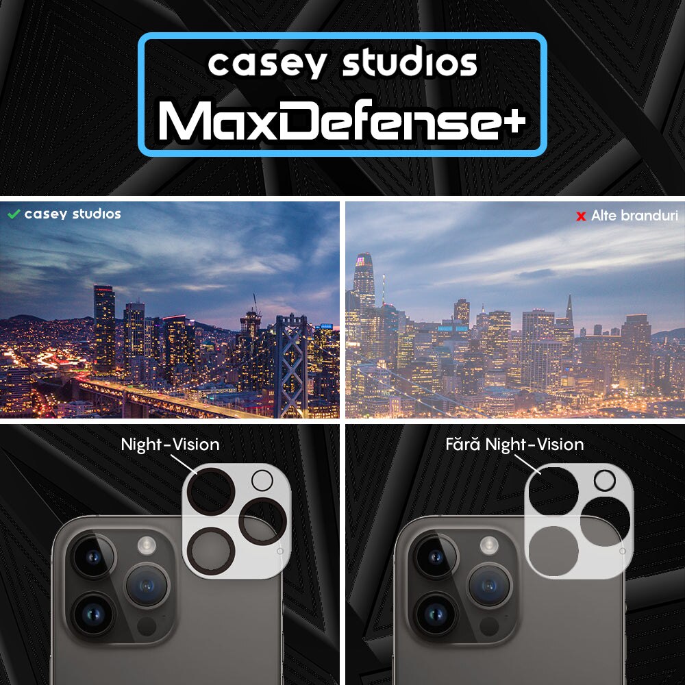Set 2x Folie Sticla Camera pentru Apple iPhone 16 Pro Max / 16 Pro, CASEY STUDIOS™ MaxDefense+, Protectie Securizata, Duritate 9H, Full Cover, Anti Zgarieturi, Ultra HD, Protectie Profesionala Camere 3D, Anti Zgarieturi, Anti Socuri
