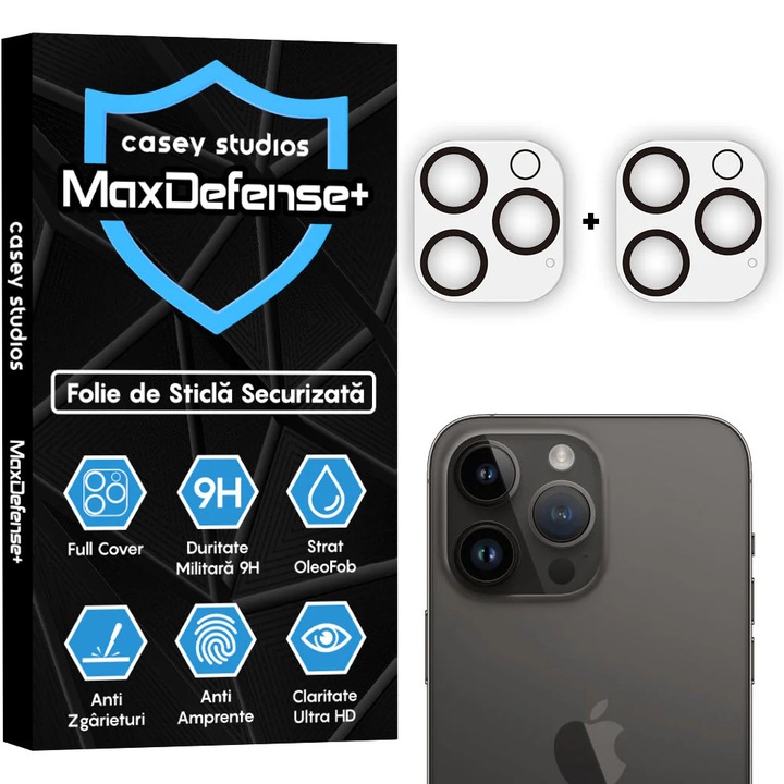 2x Üvegfólia Kamera Apple iPhone 16 Pro Max / 16 Pro készülékhez, CASEY STUDIOS™ MaxDefense+, Biztonságos Védelem, 9H Keménység, Teljes Borítás, Karcálló, Ultra HD, Professzionális 3D Kamera Védelem, Karcálló, Ütésálló