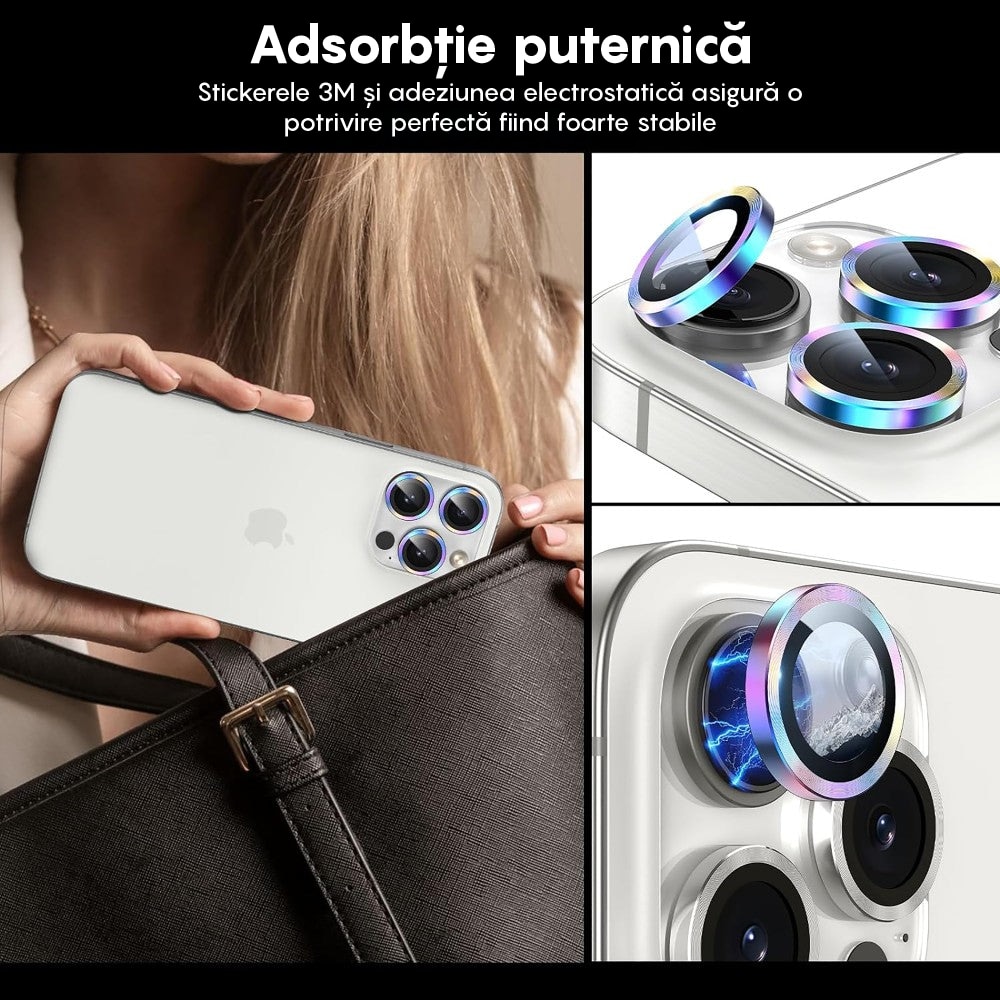 Folie Protectie Lentile Camera compatibila cu iPhone 15 Pro / iPhone 15 Pro Max, CASEY STUDIOS™ MaxDefense+, Ultra HD, Anti Amprente, Anti Zgarieturi, Anti Socuri, Curcubeu
