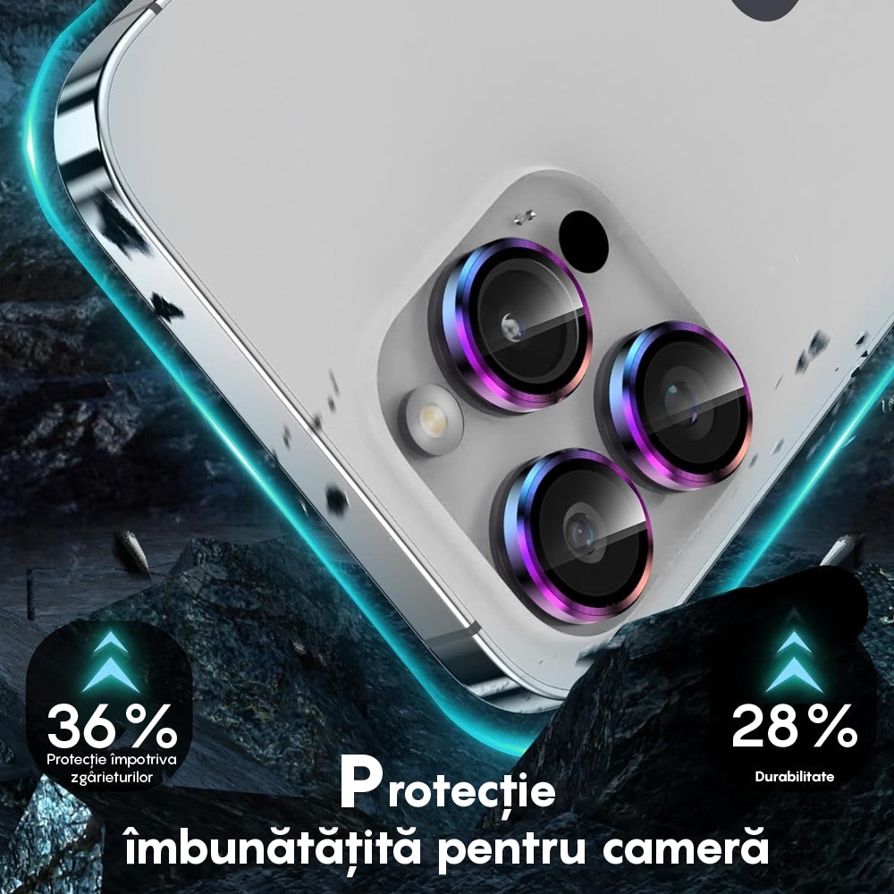 Folie Protectie Lentile Camera compatibila cu iPhone 12 Pro, CASEY STUDIOS™ MaxDefense+, Ultra HD, Protectie Profesionala Camere 3D, Anti Amprente, Anti Zgarieturi, Anti Socuri, Curcubeu
