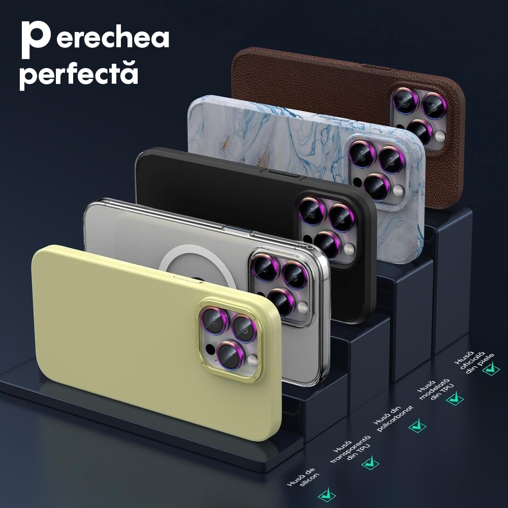 Folie Protectie Lentile Camera compatibila cu iPhone 12 Pro, CASEY STUDIOS™ MaxDefense+, Ultra HD, Protectie Profesionala Camere 3D, Anti Amprente, Anti Zgarieturi, Anti Socuri, Curcubeu