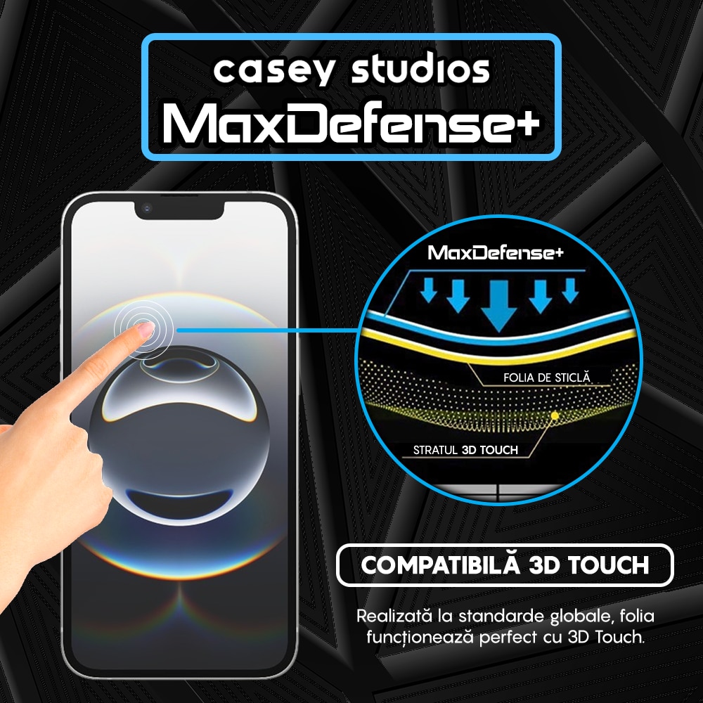 Folie Sticla compatibila cu iPhone 16e Casey Studios Full Screen 9H + Kit de Instalare Cadou, Full Glue, Sticla Securizata, Duritate Militara, Ultra HD, Protectie Profesionala Ecran 3D, Anti Zgarieturi, Anti Socuri, Margini Negre