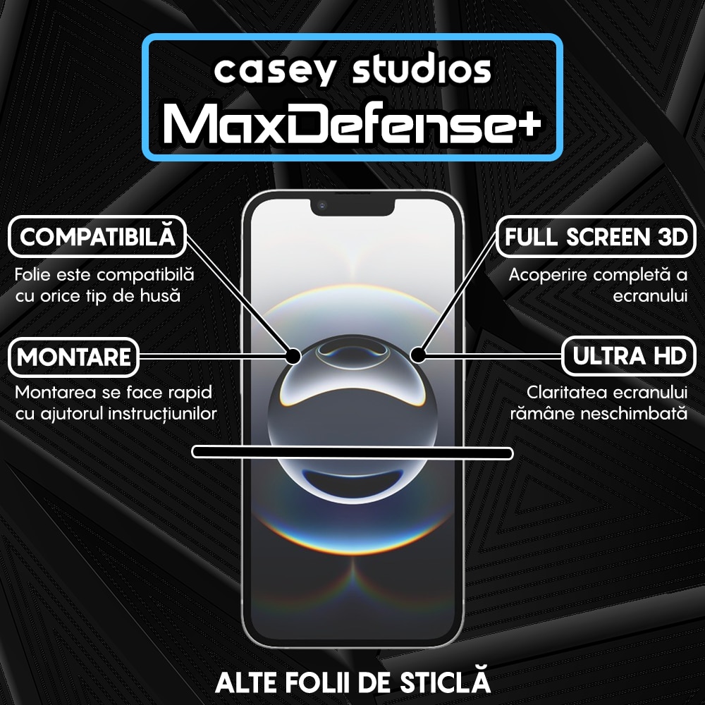 Folie Sticla compatibila cu iPhone 16e Casey Studios Full Screen 9H + Kit de Instalare Cadou, Full Glue, Sticla Securizata, Duritate Militara, Ultra HD, Protectie Profesionala Ecran 3D, Anti Zgarieturi, Anti Socuri, Privacy