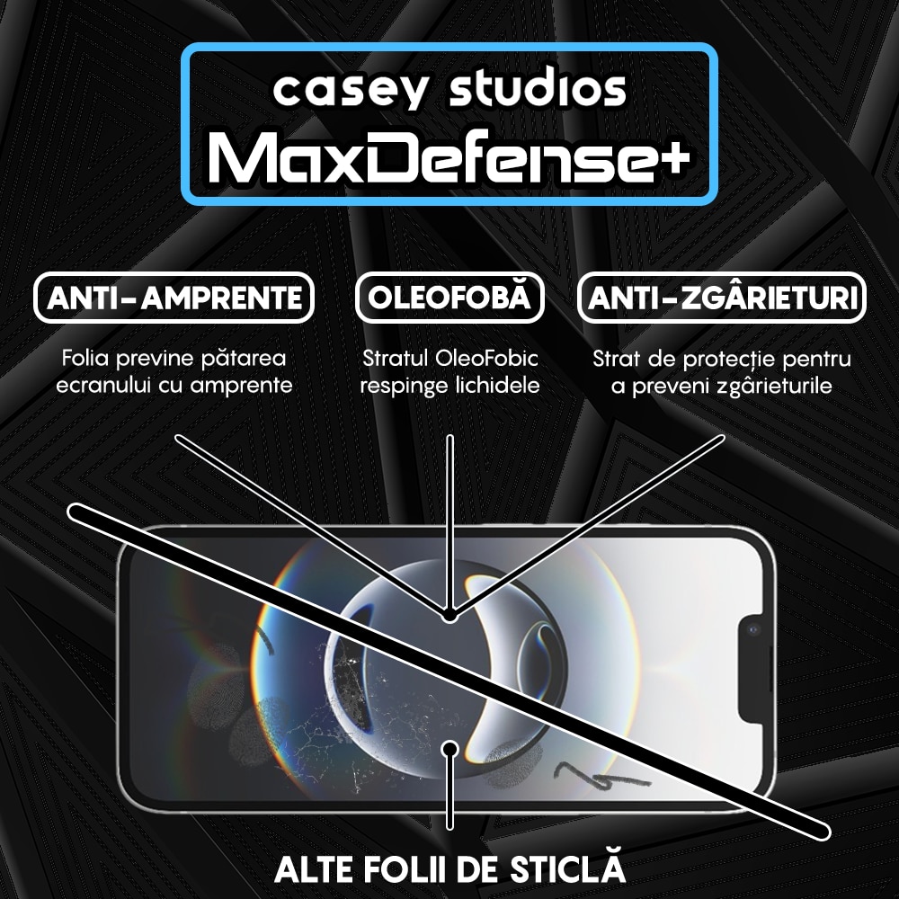 Folie Sticla compatibila cu iPhone 16e Casey Studios Full Screen 9H + Kit de Instalare Cadou, Full Glue, Sticla Securizata, Duritate Militara, Ultra HD, Protectie Profesionala Ecran 3D, Anti Zgarieturi, Anti Socuri, Privacy