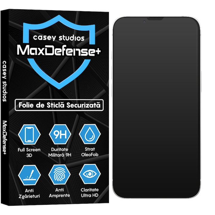 Folie Sticla iPhone 16e Casey Studios Full Screen 9H + Kit de Instalare Cadou, Full Glue, Sticla Securizata, Duritate Militara, Ultra HD, Protectie Profesionala Ecran 3D, Anti Zgarieturi, Anti Socuri, Matte